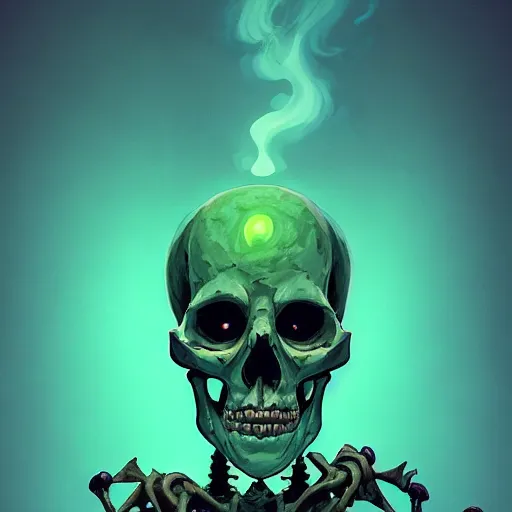 Image similar to portrait of a skeleton lich, green smoke leaving his empty eyes, mattepainting concept blizzard pixar maya engine on stylized background splash comics global illumination lighting artstation lois van baarle, ilya kuvshinov, rossdraws