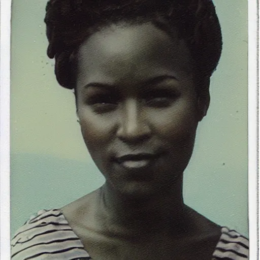 Image similar to a medium full shot, german and eastern european mixture polaroid photograph depicting a black woman with dark brown skin, long, swirling black hair, and jade colored eyes, on a sailing boat. she is wearing wearing a yachting dress ensemble in 1 9 8 2.