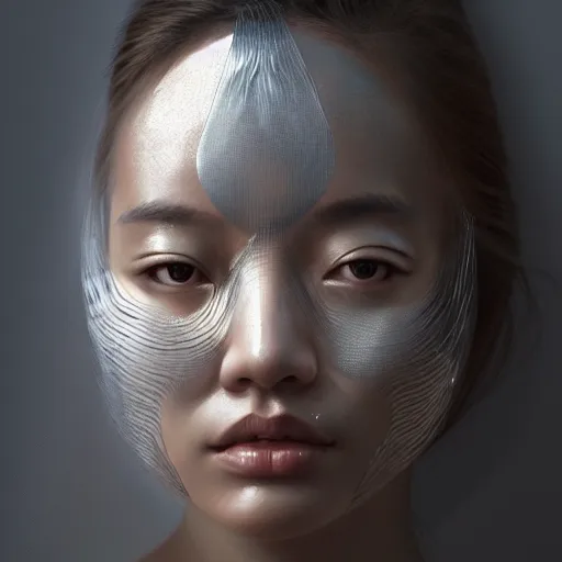 Image similar to asian - european woman face portrait, face covered with chrome lines, ethereal, highly detailed, by andrew chiampo, beeple, artstation, and frederik heyman, extremely detailed woman, stunning volumetric lighting, hyper realism, fantasy, intricate detail,