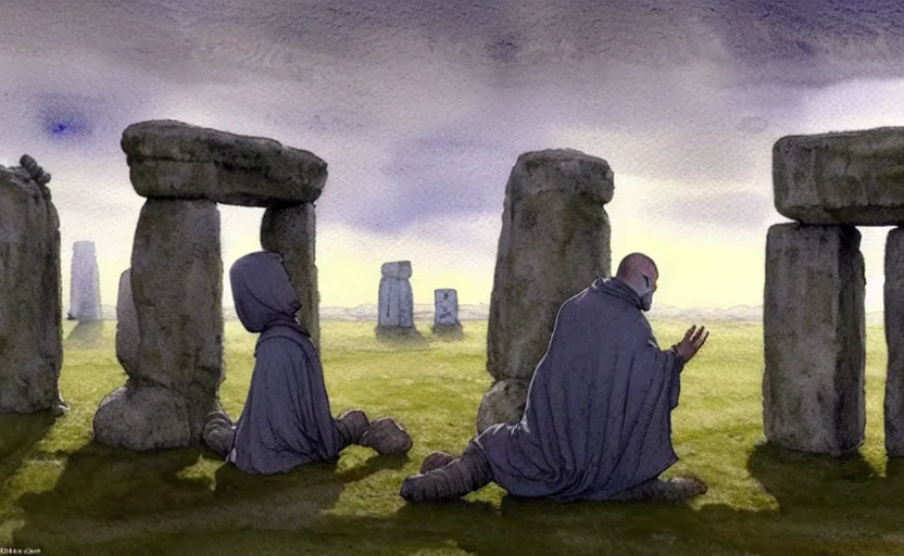 Image similar to a hyperrealist watercolour character concept art portrait of one small grey medieval monk and another giant orange medieval monk kneeling down in prayer in front of a complete stonehenge monument on a misty night. a huge stone is in the sky. by rebecca guay, michael kaluta, charles vess and jean moebius giraud