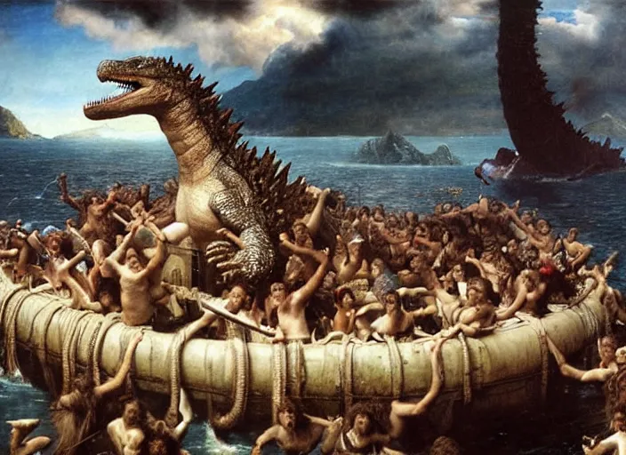 Image similar to godzilla attacking the raft of the medusa, painting by lawrance alma - tadema, 4 k, hyper - realistic, highly detailed