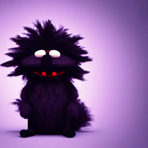 Prompt: focus portrait of dark angry fluffy muppet in night, dark forest background, bokeh, inspired by Tim Burton, octane render