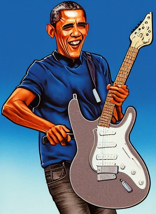 Image similar to Barack Obama shredding on an electric guitar in the style of Jason Edmiston