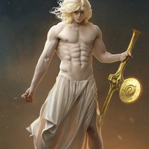 Prompt: Apollo the pale blond Greek God league of legends on his day off, long fluffy curly blond hair with Center parted curtain bangs, highly detailed, digital painting, artstation, concept art, golden ratio composition, smooth, sharp focus, illustration, ArtStation, art by artgerm and greg rutkowski and alphonse mucha and Edmund Blair Leighton and Charlie Bowater