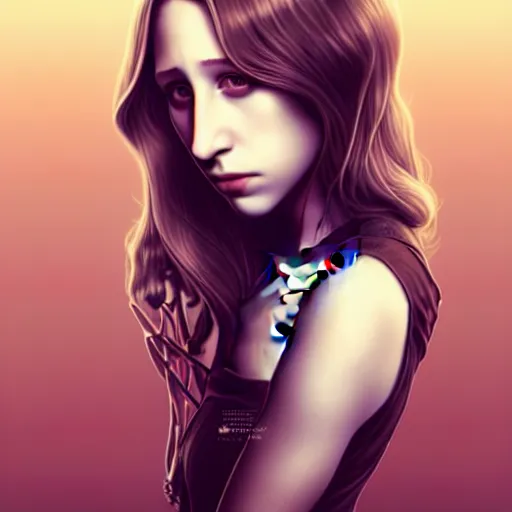 Image similar to in the style of halim ghodbane, artgerm, beautiful taissa farmiga, elegant pose, middle shot waist up, steampunk full color range, symmetrical face symmetrical eyes, cinematic lighting, detailed realistic eyes, short neck, insanely detailed and intricate elegant