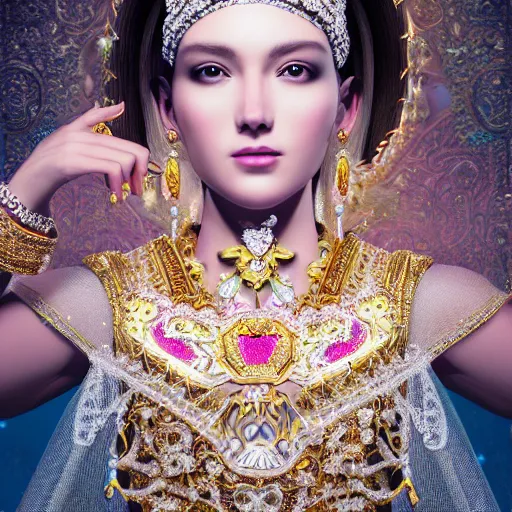 Image similar to portrait of pretty princess with perfect skin, glowing, ornate and intricate diamond jewelry, jaw dropping beauty, ornate and intricate backdrop, white accent lighting, hyper detailed, 4 k octane render