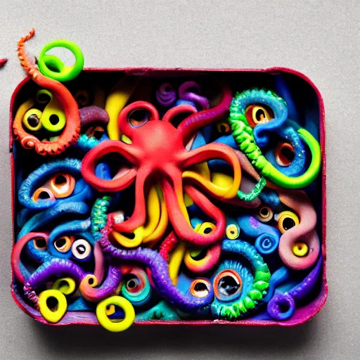 Prompt: octopus tentacles emerging creepily from beneath the lid of a box of crayons. 8 k photo with dramatic lighting.