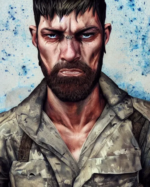 Image similar to portrait of muscular, tired and alcoholic 3 0 - year - old model man with short darkblonde hair, serious sad look in his eyes, dirty beard, blue eyes, crying, wearing dirty soldier uniform, on the desert, hyper realistic face, beautiful eyes, character art, art by mark brooks, hyperdetailed, cryengine, trending on artstation, digital art