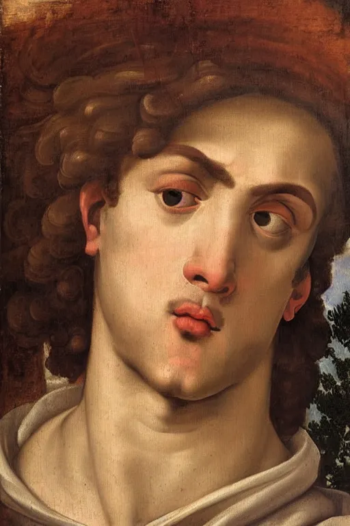 Image similar to renaissance painting of men, portrait, gossip face closeup, emotions closeup, dressed in roman clothes, the beautiful garden with lavender bush everywhere, ultra detailed, art by guido reni style, vincenzo catena style