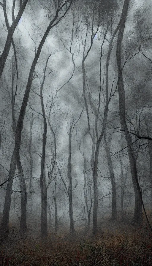 Image similar to a storm vortex made of many demonic eyes and teeth over a forest, by peter holme iii
