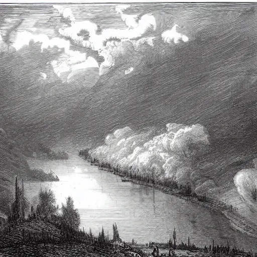 Image similar to Drawing of the Rhein, forest, high detail, clouds, realistic, illustration by Gustave Doré