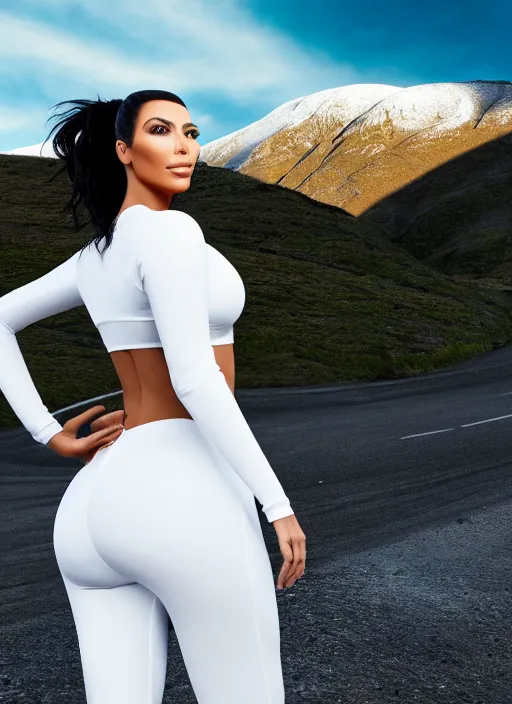 Prompt: kim kardashian, centered full body rear-shot, pov from rear, in white sportswear, real photo, photoshooting, studio light, Irish mountains background, intricate, epic lighting, cinematic composition, hyper realistic, 8k resolution, unreal engine 5