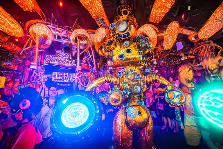 Image similar to scene is elrow party in ushuaia in ibiza, portrait photo of a giant huge golden and blue metal steampunk robot, with gears and tubes, eyes are glowing red lightbulbs, shiny crisp finish, 3 d render, 8 k, insaneley detailed, fluorescent colors, haluzinogetic, background is multicolored lasershow