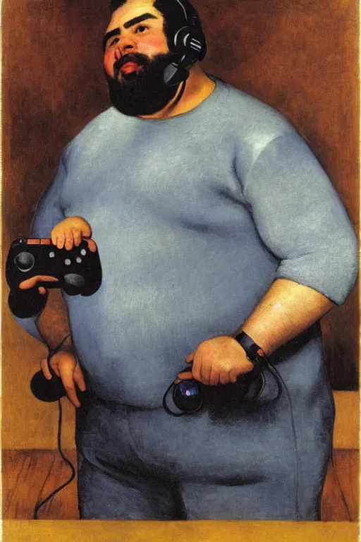 Image similar to portrait of a handsome chubby bearded Hispanic man, wearing headset and T-shirt, holding game controller, glowing with silver light, painting by Franz Marc, by Jean-Léon Gérôme, by Winsor McCay, today's featured photograph, 16K