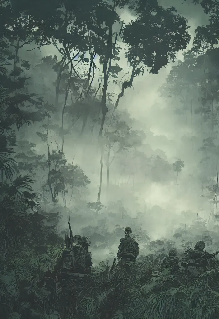 Prompt: handmade illustration of an epic Vietnam war scene with only one american soldiers stand still, the jungle at the background, some smoke and fire, blue sky with dramatic clouds, line art, ink, watercolor by Kilian Eng and by Jake Parker, heavy brushstrokes, winning-award masterpiece, fantastic, octane render, 8K HD Resolution, High quality image
