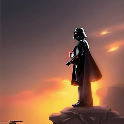 Image similar to darth vader standing still looking at the sunset concept art by doug chiang cinematic, realistic painting, high definition, concept art, portait image, path tracing, high quality, highly detailed, 8 k, red colors, high coherence, anatomically correct, hyperrealistic, concept art, defined face, five fingers, symmetrical