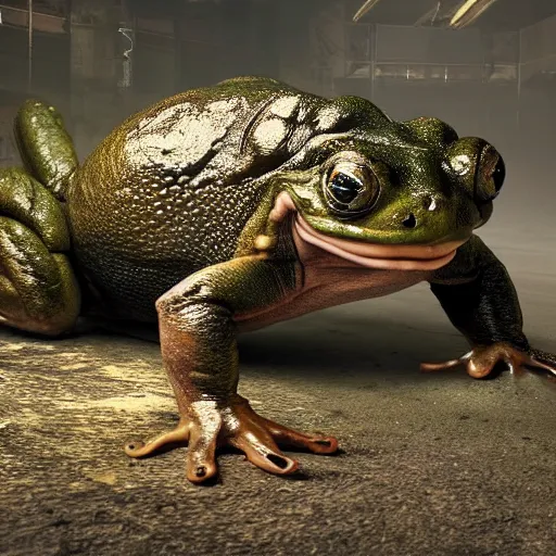 Image similar to Alex Jones bent over on all fours in the foreground. A big green toad stands behind him with an intense look on its face. hyper realistic, dynamic pose, high detail, octane render, unreal engine, 8k, fantasy art, highly detailed, dramatic lighting, concept art