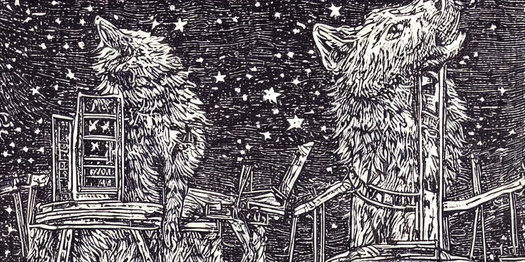 Image similar to anthropomorphic furry wolf inside a giant tower that tracks the stars and planets, woodcut