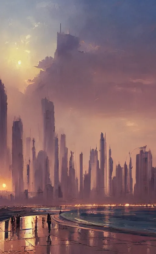 Image similar to oil painting of dubai skyline at sunset, natural light, concept art, by greg rutkowski, cozy atmospheric and cinematic lighting