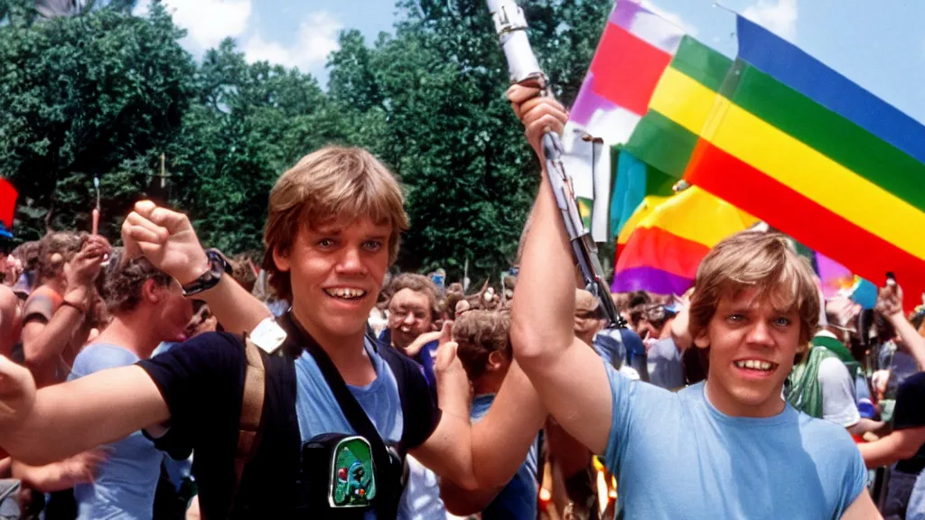 Image similar to rotj luke skywalker goes to pride, getty images, victorious, flags, parade, gay rights, bright smiles, daylight, twenty three year old luke skywalker at gay pride, 3 5 mm photography, very happy, smiling