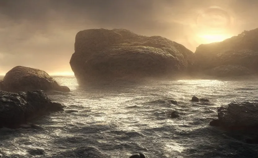 Image similar to giant glowing ufo, directed by charlie kaufman ( 2 0 0 1 ) anamorphic lenses, a rocky shore in the foreground, foggy volumetric light morning, a beam of light from the heavens, cinematic trending on artstation in the style of greg rutkowski