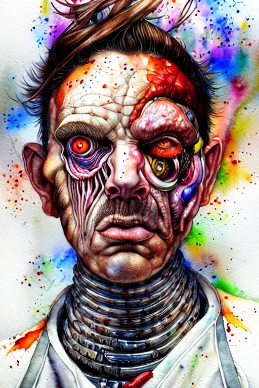Prompt: watercolor portrait of a butcher with a white apron, cybernetic organism, outrun, painting, dramatic, detailed, by android jones