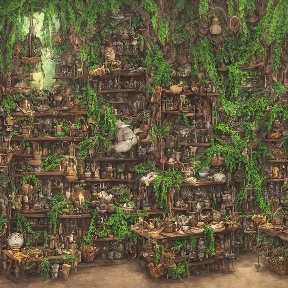 Image similar to small witch shop, counter, cauldrons, potions, visitor in a pointy hat, owls, ferns and vines, highly detailed, sharp focus, matte painting, by studio ghibli, by giovani magana,