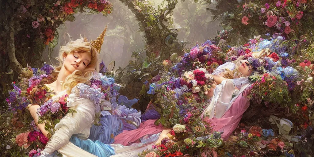 Image similar to an elaborate coffin with a mysterious sleeping beauty holding a large bouquet of flowing flowers,, fantasy, regal, intricate, by stanley artgerm lau, greg rutkowski, thomas kindkade, alphonse mucha, loish, norman rockwell