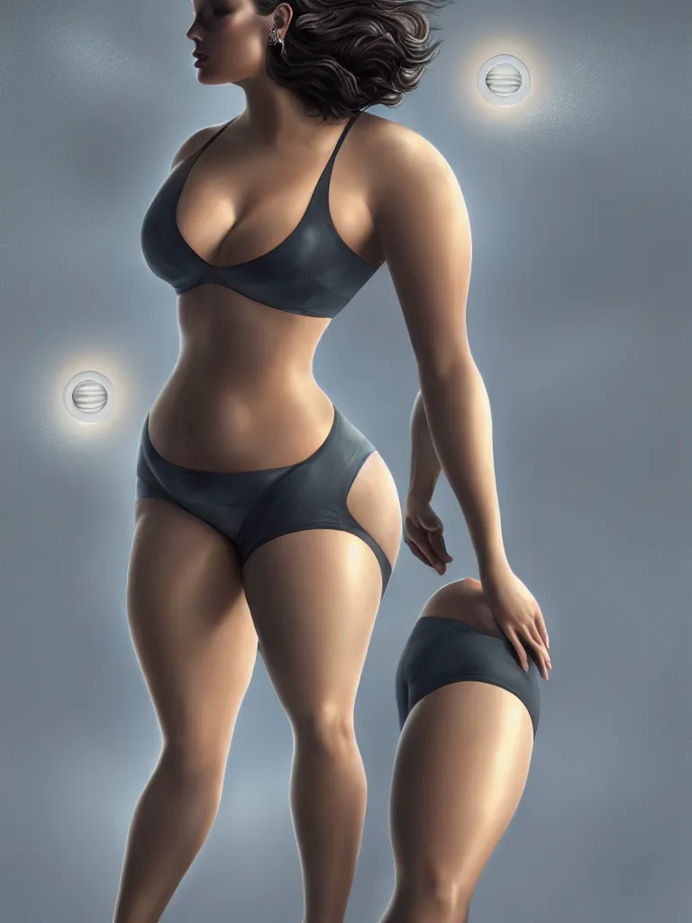 Image similar to beautiful ashley graham in lycra yoga shorts, chrome futuristic detail misty foggy mike jordana, konstantin porubov, valeriy vegera, hypermaximalist, elegant, ornate, rococo, baroque ornament detail, elite, creepy, radiant, matte painting, cinematic, cinematic lighting, corel painter, cgsociety, atmospheric