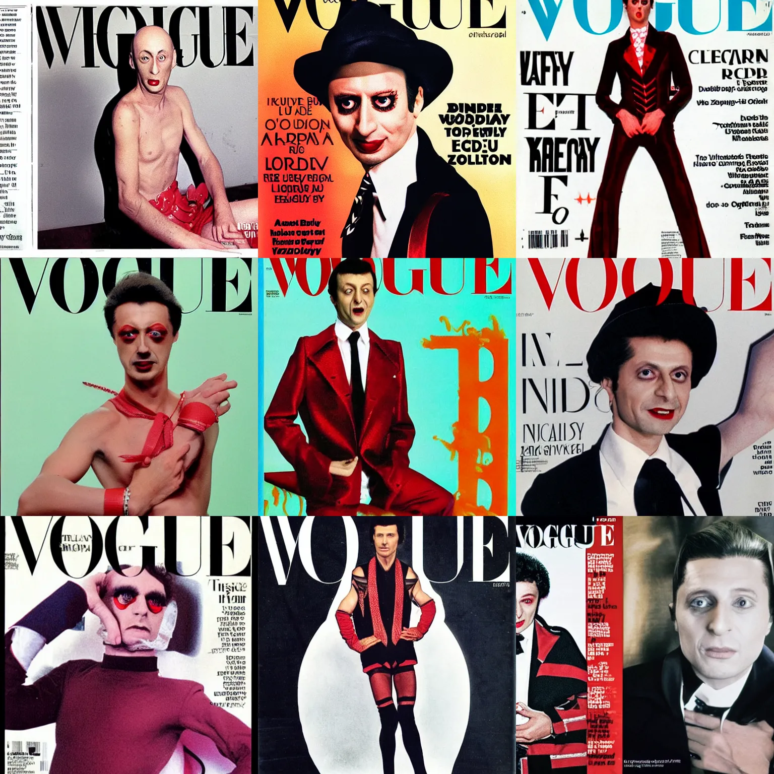 Prompt: Volodymyr Zelensky dressed like Richard O'Brien (in The Rocky Horror Picture Show (1975)) on the cover of the Vogue magazine