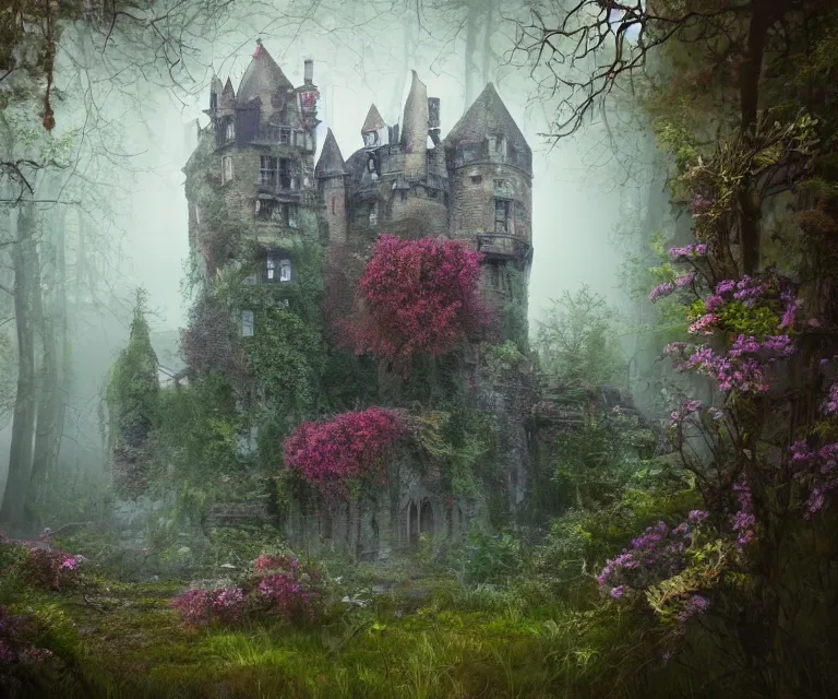 Prompt: old rundown castle in the middle of a haunted forest, foggy, high fantasy, colorful flowers, aged vegetation, photorealism, symmetry