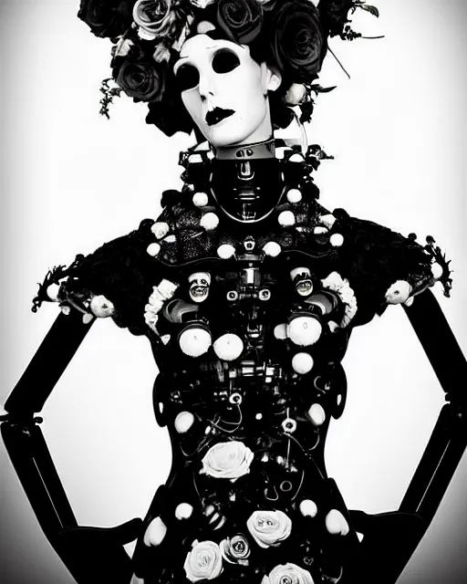 Image similar to dreamy surreal poetic black and white photo of a beautiful young bio-mechanical-female-cyborg-robot with a very long neck and a super big gothic lace collar and a very high big floral crown with many black dry roses by Vivienne Westwood:: smoke, high fashion, haute couture, rococo, avant-garde, elegant, dreamy, hyper realistic, 150 mm lens, soft rim light, octane render, unreal engine, picture was taken in 1910 by Dora Maar, volumetric lighting, dramatic light,8k,