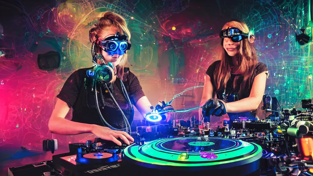 Prompt: a woman wearing goggles and visor and headphones using an intricate clockwork record player turntable contraption, wires and tubes everywhere, turntablism dj scratching, intricate planetary gears, cinematic, imax, sharp focus, led light strips, bokeh, iridescent, black light, fog machine, hazy, computer screens, lasers, light trails, hyper color photograph