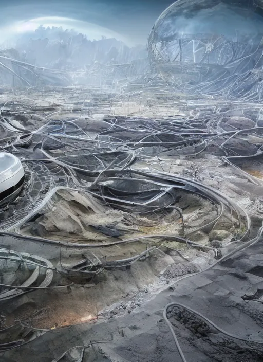 Image similar to techno chuquicamata bioremediation white mining tailing futuristic horizontal architecture, epic, cinematic, hyperealistic, high detailed, corona render, hdr, ray tracing