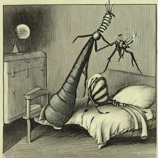 Prompt: as gregor samsa awoke one morning from uneasy dreams he found himself transformed in his bed into a gigantic insect.