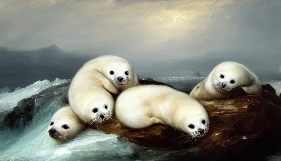 Image similar to highly detailed painting of cute furry white baby seals cuddling into each other on an iceberg by william turner, by greg rutkowski, by william constable, thick brush strokes and visible paint layers, 4 k resolution