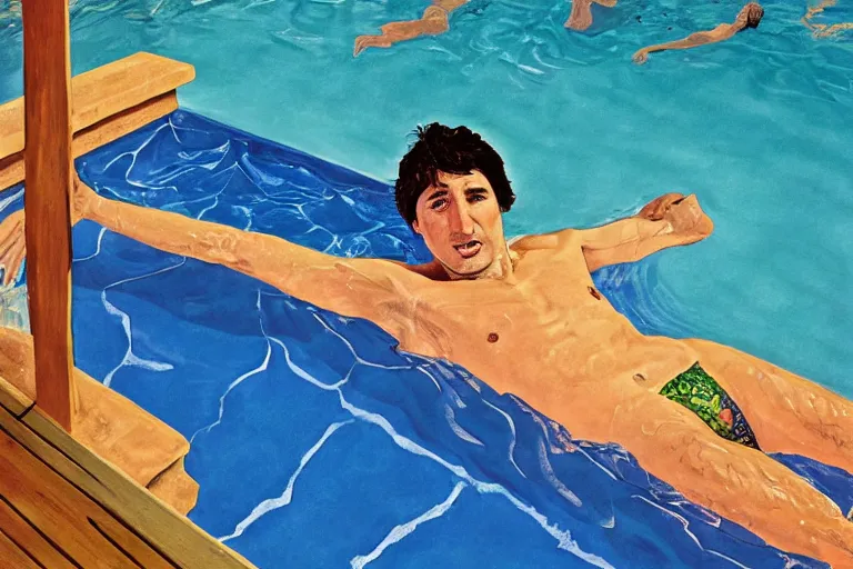 Image similar to justin trudeau in a swimming pool in a house in california, magazine centerfold, by david hockney, peter doig, lucien freud, francis bacon, pop realism, oil on canvas