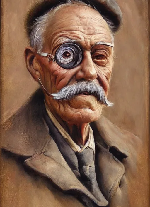 Prompt: Portrait Bust oil painting of and Old man by Jama Jurabaev with Robot eye Monocle, no glasses, Bust Portrait, Steam Punk, Wearing a worn out brown suit, extremely detailed, brush hard, brush strokes, Dorothea Lange, Migrant Mother, artstation