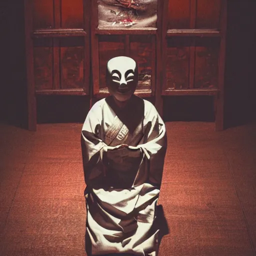 Prompt: photograph of a haunted noh theater, creepy, dark, foreboding, candlelight