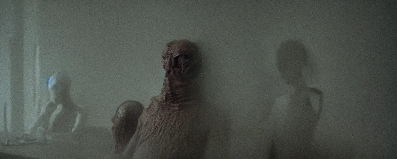 Image similar to a strange creature sits in the home room, film still from the movie directed by Denis Villeneuve with art direction by Zdzisław Beksiński, close up, telephoto lens, shallow depth of field