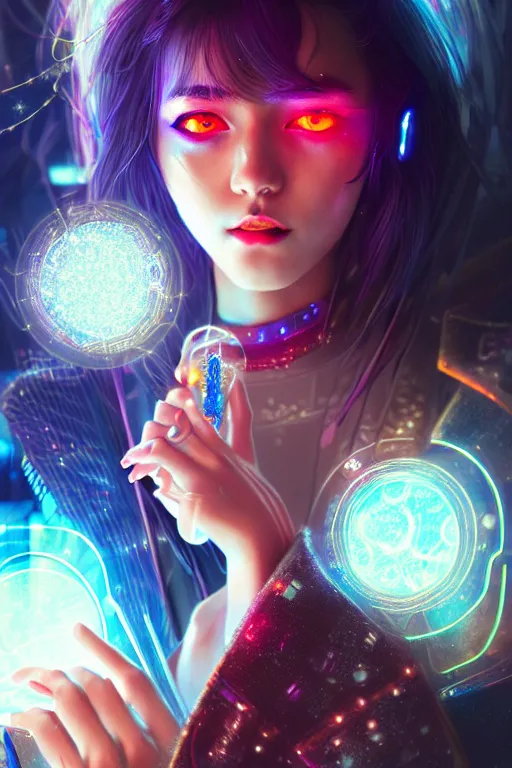 Image similar to portrait futuristic wizard Girl with fire and sparkles, in future cyberpunk tokyo rooftop , ssci-fi, fantasy, intricate, very very beautiful, elegant, human anatomy, human structure, neon light, highly detailed, digital painting, artstation, concept art, smooth, sharp focus, illustration, art by tian zi and WLOP and alphonse mucha