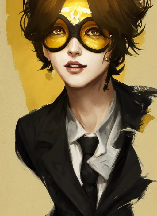 Image similar to a highly detailed illustration of beautiful short black messy haired woman wearing eyepatch and noir style suit and tie, yellow eyes, dramatic smiling pose, intricate, elegant, highly detailed, centered, digital painting, artstation, concept art, smooth, sharp focus, league of legends concept art, WLOP