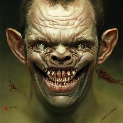 Prompt: dmitry medvedev, is evil gremlin, rotten teeth, horror, macabre by donato giancola and greg rutkowski and wayne barlow and zdzisław beksinski, realistic face, digital art