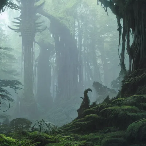 Image similar to alien undergrowth overwhelming a redwood forest, ferns and waterfalls shadow of the colossus screenshot by j. c. leyendecker, simon stalenhag, studio ghibli, barlowe, audobon and beksinski