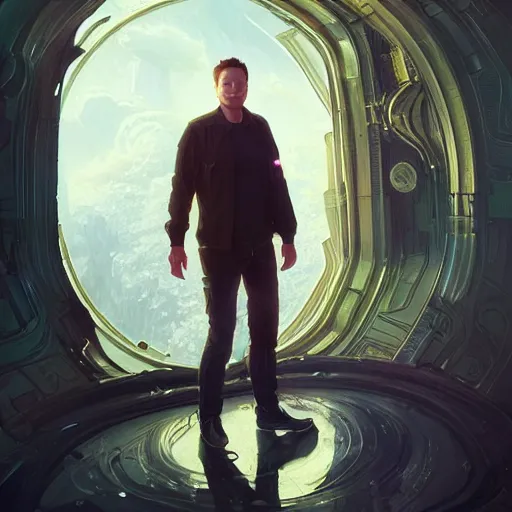 Image similar to Highly detailed portrait of Elon Musk, unreal engine, fantasy art by Greg Rutkowski, Loish, Rhads, ferdinand knab, Makoto Shinkai and Lois van baarle, ilya kuvshinov, rossdraws, Tom Bagshaw, alphonse mucha, global illumination, radiant light, detailed and intricate environment