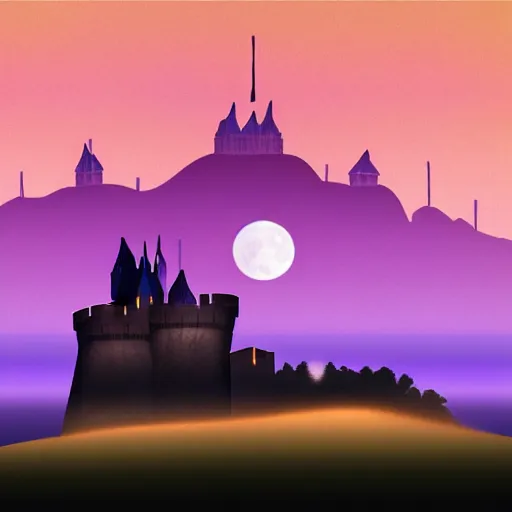 Prompt: highly detailed, silhouette of a castle on misty mountains, beautiful, calm, full moon, digital art