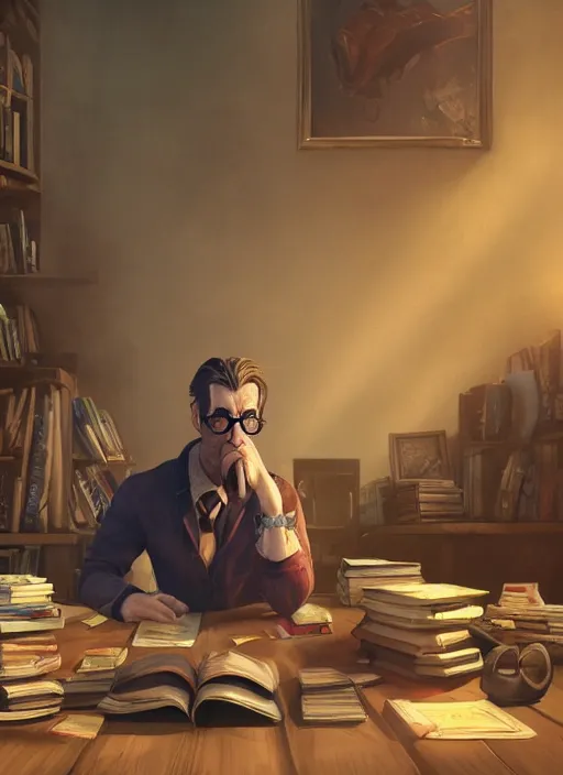 Prompt: an epic fantasy comic book style portrait painting of man with a long nose wearing glasses sitting behind a desk full of books, unreal 5, daz, hyperrealistic, octane render, cosplay, rpg portrait, dynamic lighting