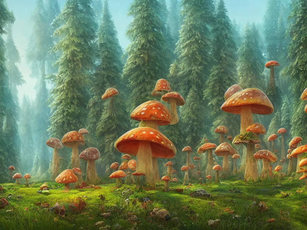 Prompt: A beautiful painting of a pine forest with a toadstool village, houses in the shape of mushrooms, whimsical cabins, Digital Art by James Christensen and Beeple, Trending on artstation