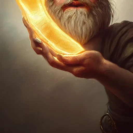 Image similar to portrait of a dwarf holding in two hands the beautiful humongous raw, unrefined gold nugget with organically sculpted lines, realistic, beautiful, fantasy art, dnd, lord of the rings, mid - shot, moody lighting, by greg rutkowski, wlop, artgerm, concept art, sharp focus, ray tracing