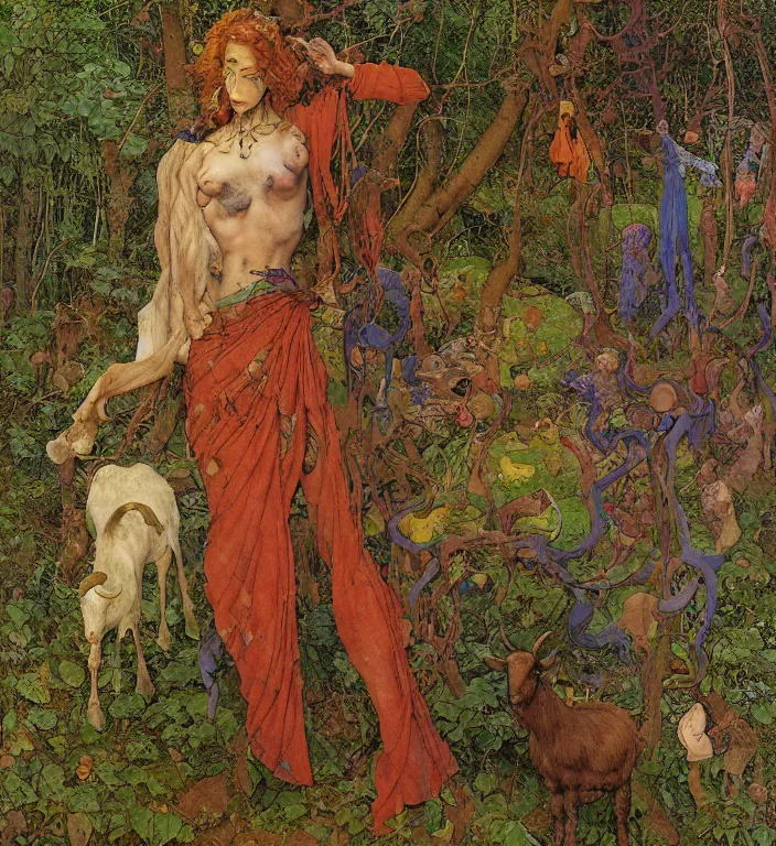 Prompt: pixelated corrupted professional pre-raphaelite defined colours 4k uncropped photo of a person in the forest with a goat and a robot by Ivan Bilibin, Austin Osman Spare, Norman Rockwell, high quality, ultra detailed. Beksinski painting, part by Adrian Ghenie and Gerhard Richter. art by Takato Yamamoto. masterpiece, oil on canvas painting, pixelart, vivid acid neon colours.